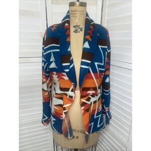 Boho Southwest Serape Stripe Open Front Cardigan Sweater Fleece Sz Large
